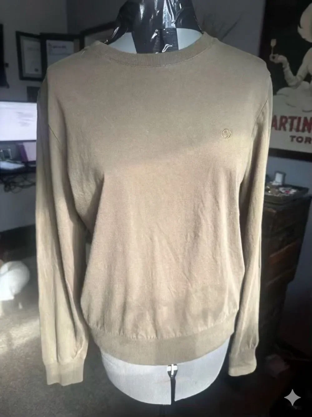 Gucci Embroidered Interlocking GG Crest Logo Long Sleeve Cotton Tee Shirt Khaki